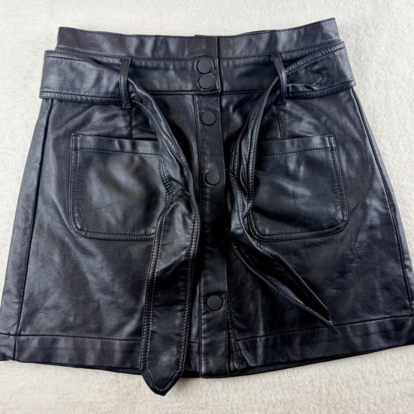 tgla Black Vegan Leather Button Front Tie Waist Mini Skirt Size Small - Picture 2 of 8